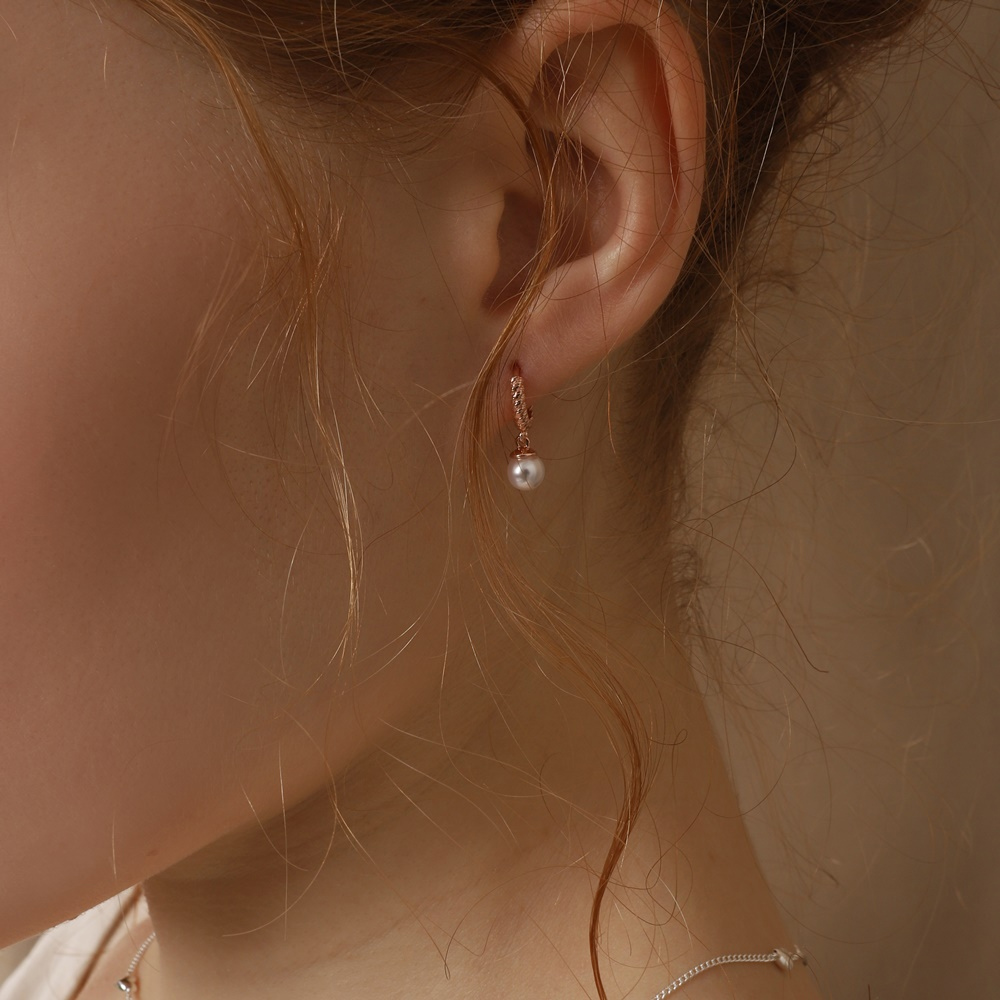 Ozel ES090E Premium Craftsmanship - Silver925 Mini Drop Pearl Rosegold Twist Huggie Earrings ES090E