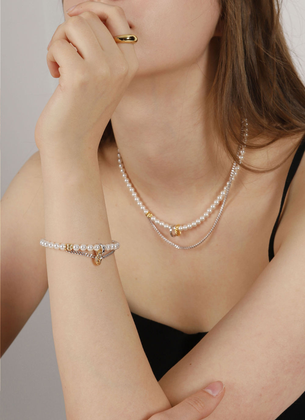 Ozel PB060N Premium Craftsmanship - SW pearl Mix Chain combi Necklace PB060N