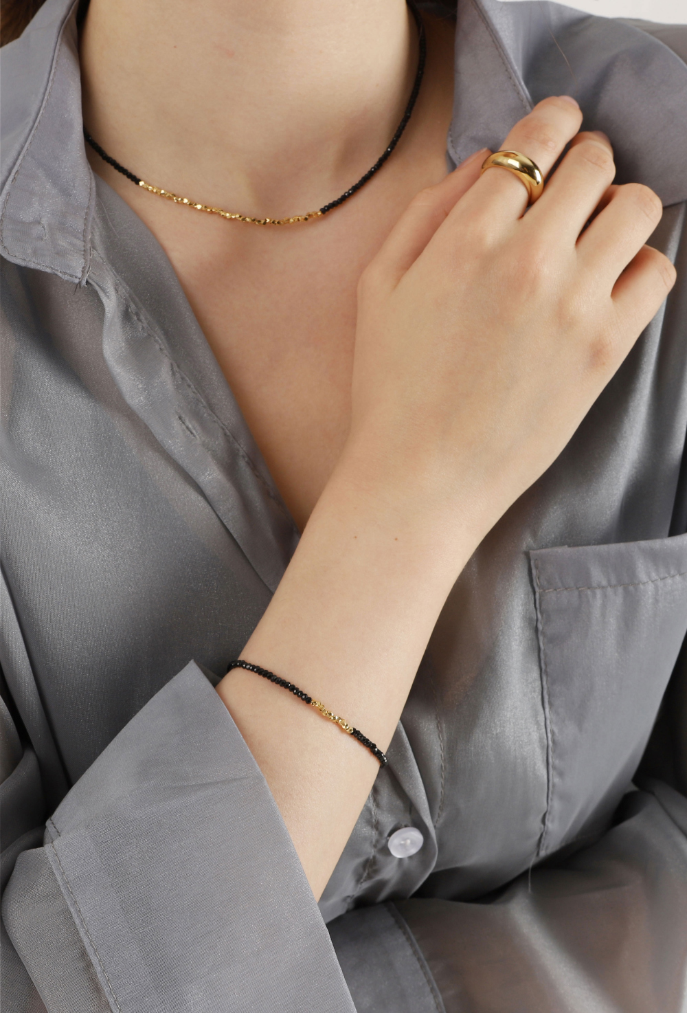 Ozel PS007-1B_BK Premium Craftsmanship - Silver925 Black Spinel Beads Bracelet PS007-1B_BK