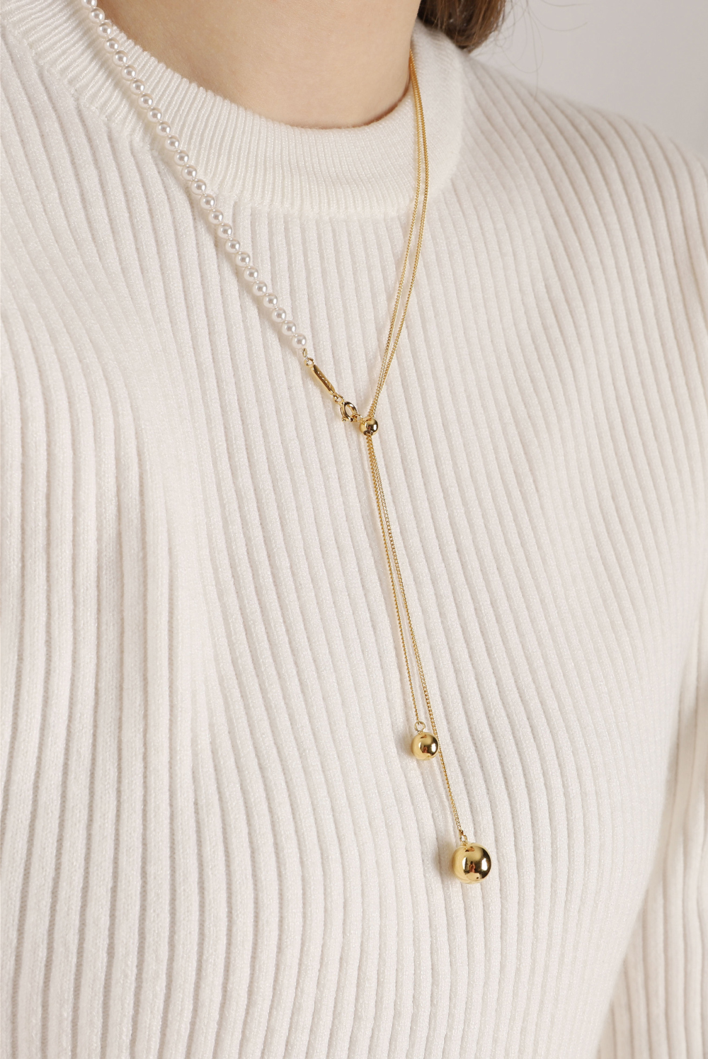 Ozel PS075N Premium Craftsmanship - Silver925 Pearl & Chain Long Ball Necklace PS075N