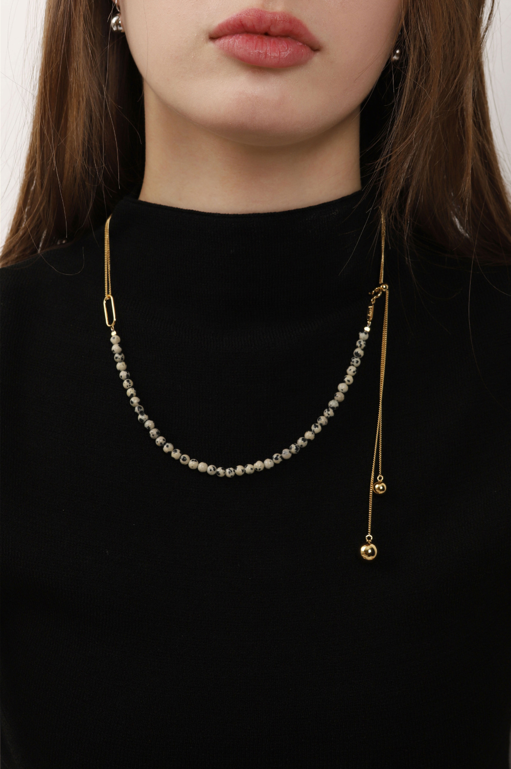 Silver925 Pearl & Chain Long Ball Dalmatian Necklace PS075N PS075N Styling Look - Global B2B Wholesale Accessory