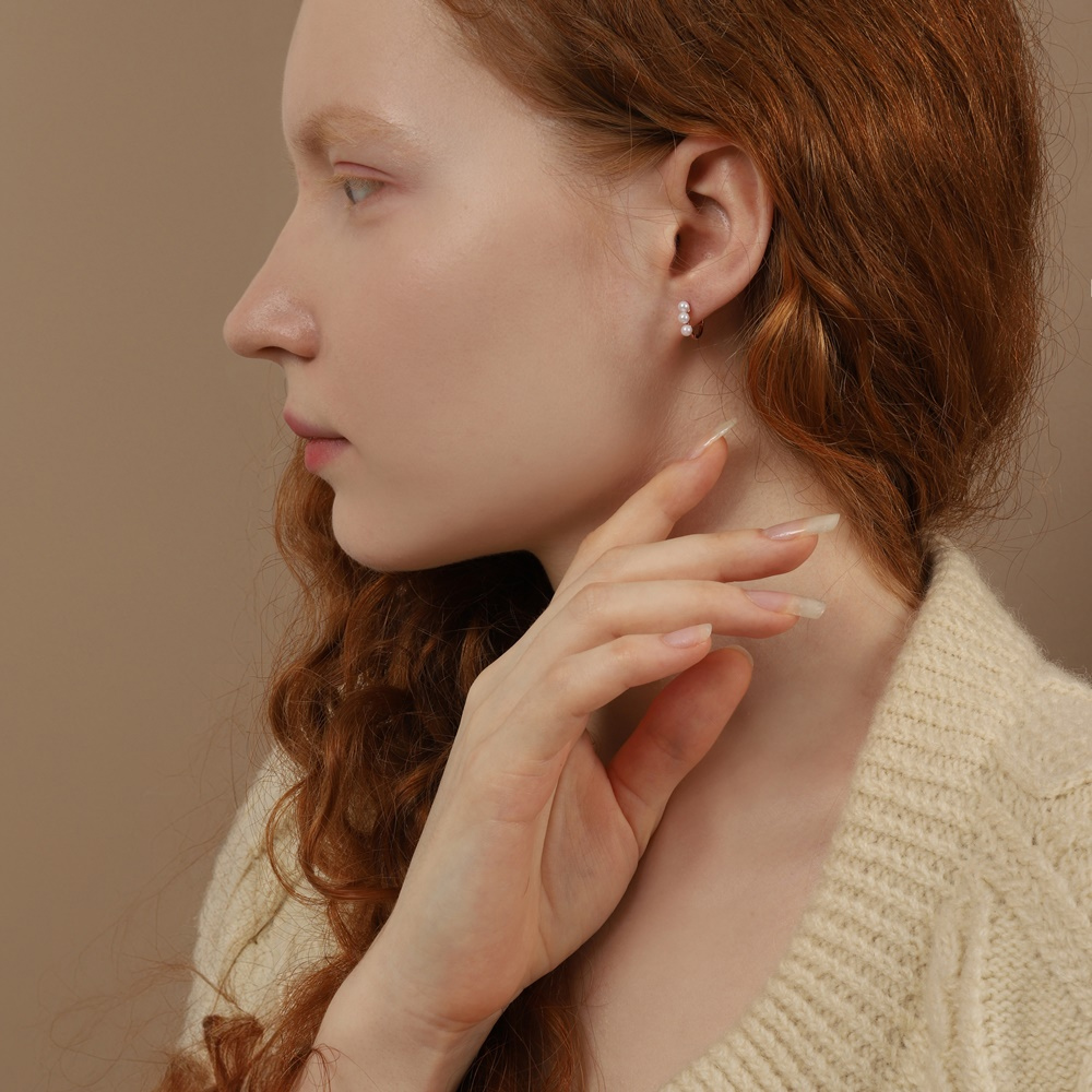 Silver925 Mini 3 Pearl Setting Rosegold Huggie Earrings PS144E PS144E Styling Look - Global B2B Wholesale Accessory