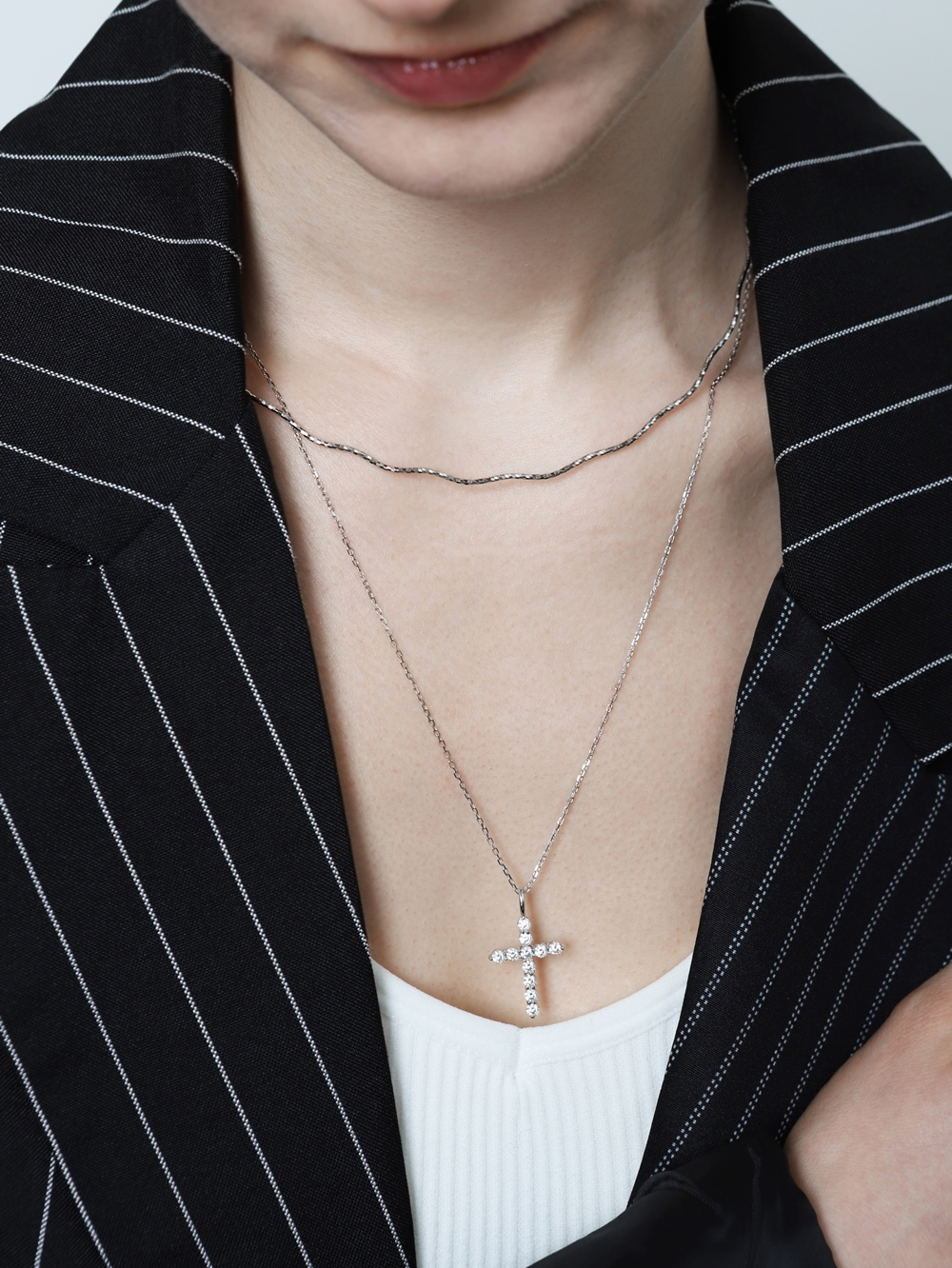 Silver925 Moissanite Cross Long Necklace PS174N PS174N Styling Look - Global B2B Wholesale Accessory