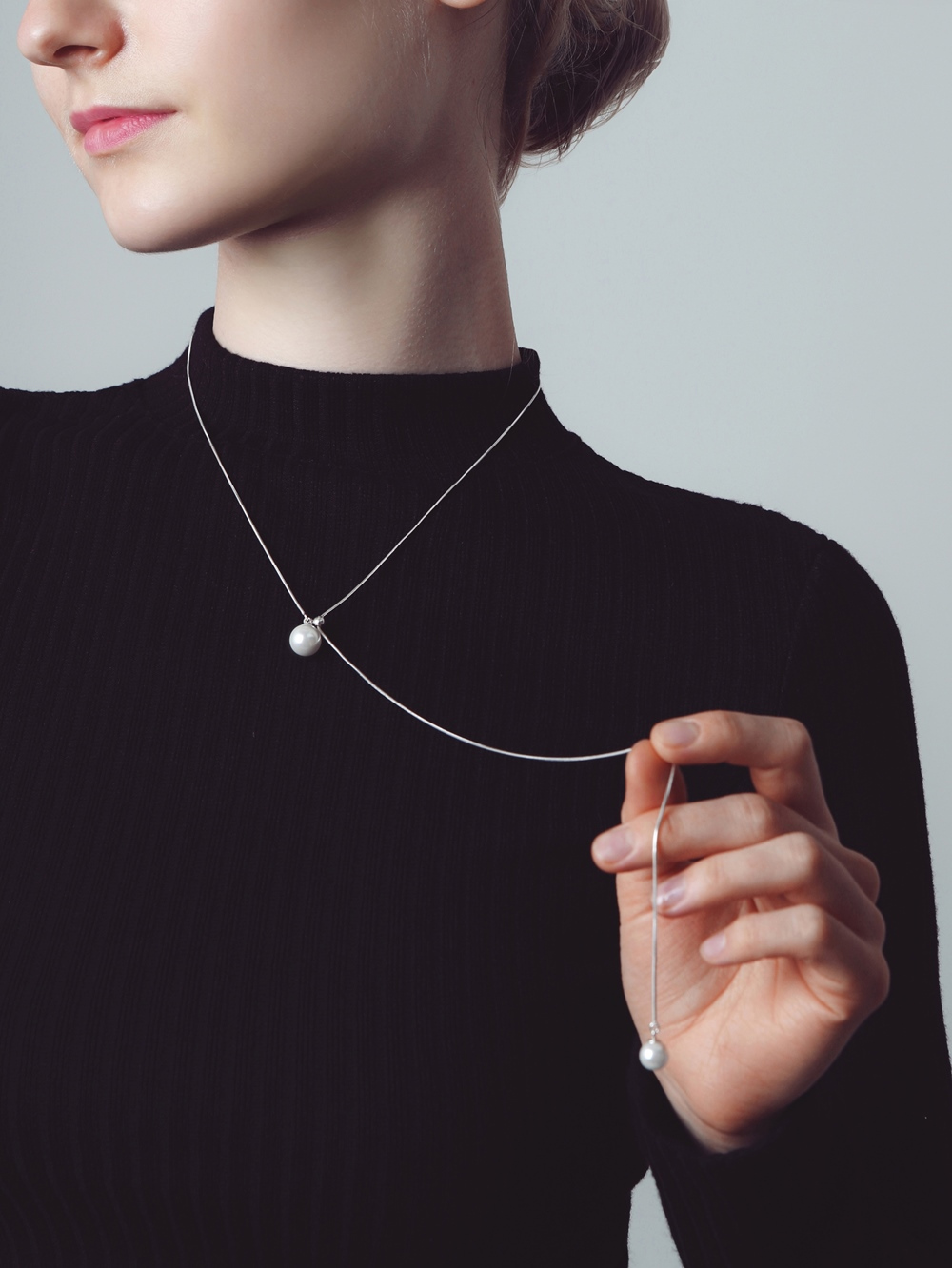 OZEL [Celeb Pick] Silver925 Crystal Pearl Snake Chain Long Necklace ES183N Main Photography