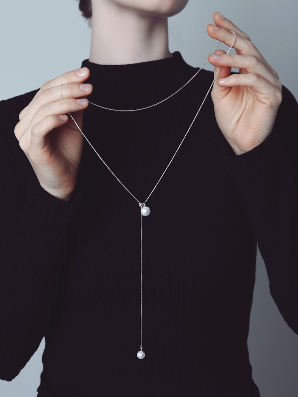 [Celeb Pick] Silver925 Crystal Pearl Snake Chain Long Necklace ES183N Detail Cut