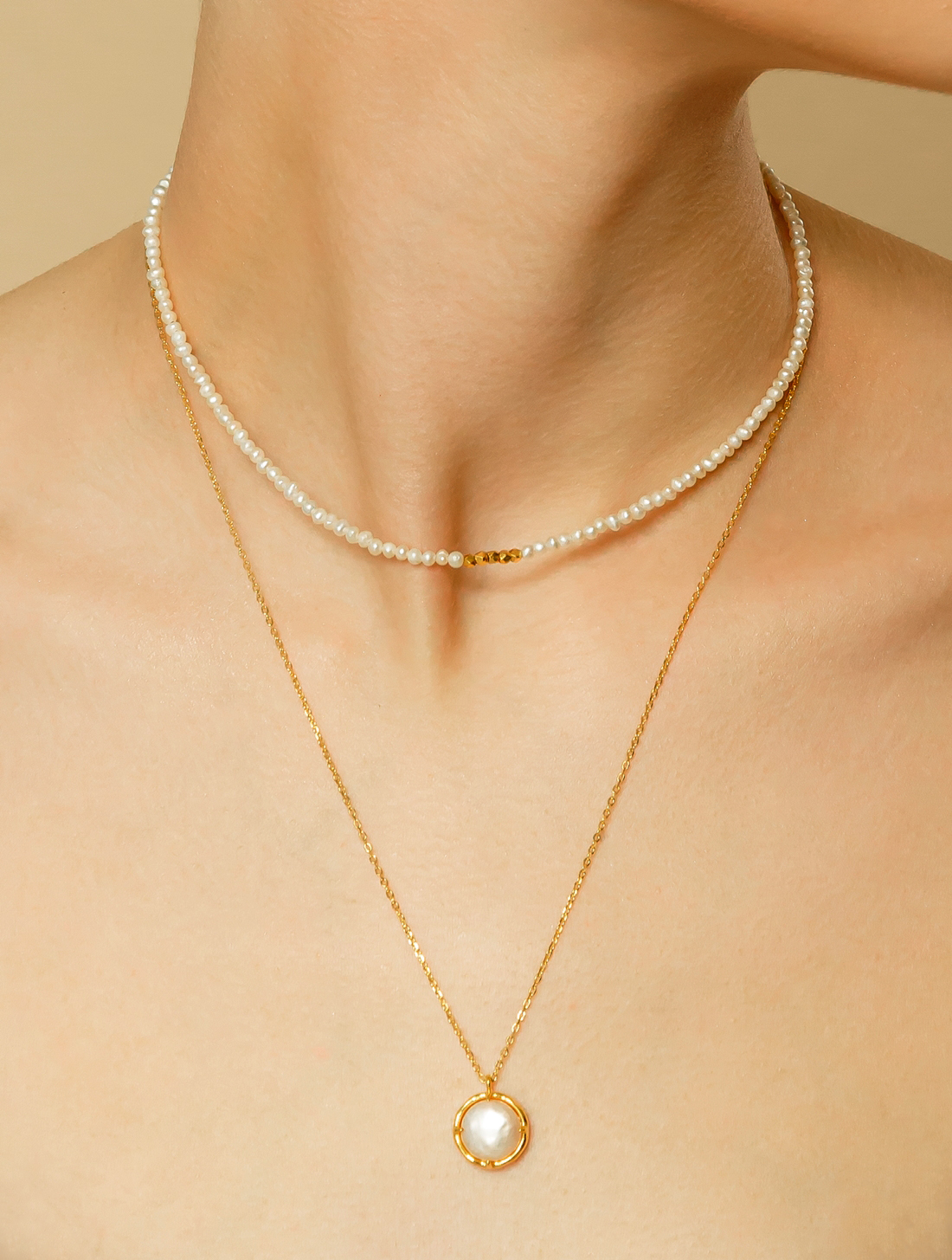 OZEL Silver925 Layer Pearl Necklace PS007N_PE Main Photography