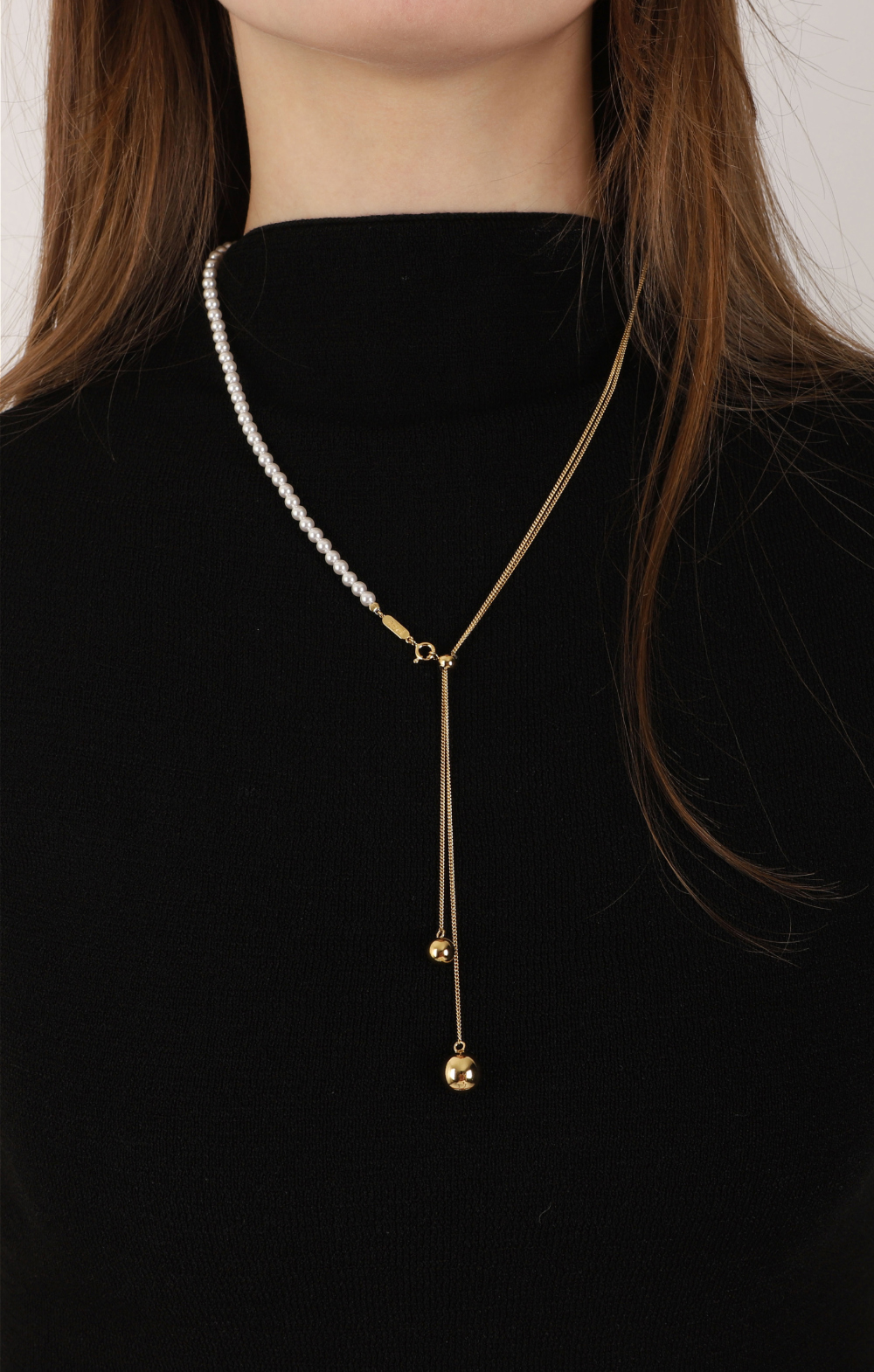 Silver925 Pearl & Chain Long Ball Necklace PS075N Detail Cut
