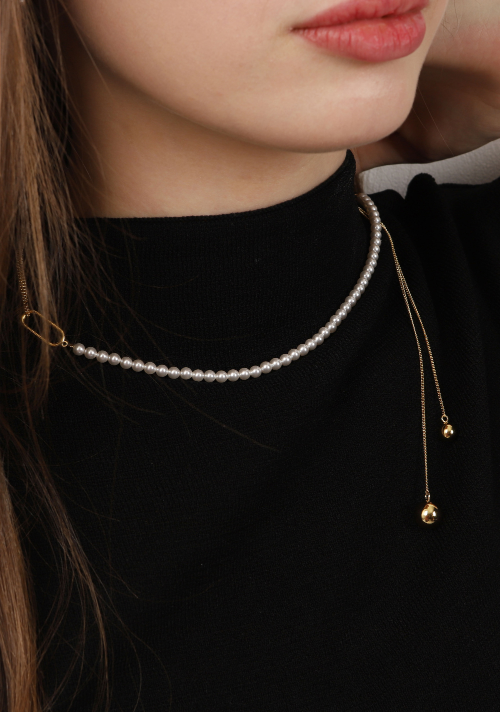 Silver925 Pearl & Chain Long Ball Necklace PS075N Detail Cut