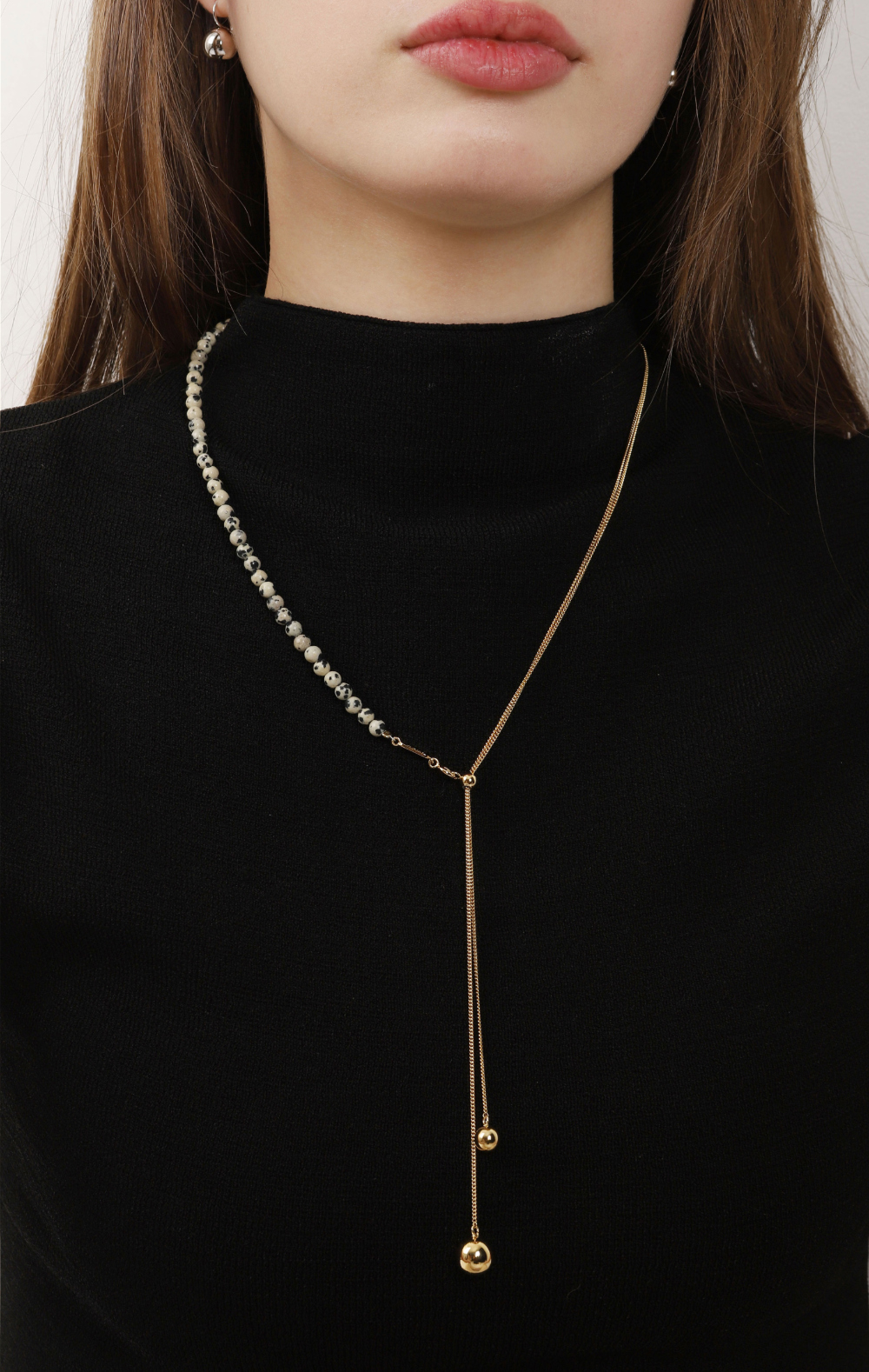 Silver925 Pearl & Chain Long Ball Dalmatian Necklace PS075N Detail Cut