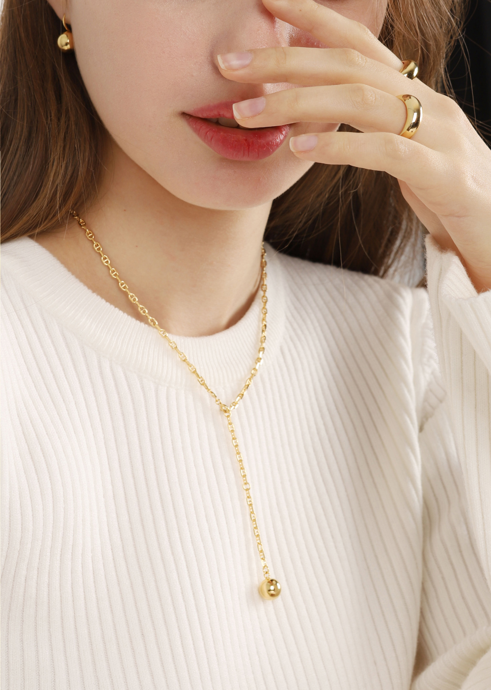 Silver925 Ball Y Necklace PS082N Detail Cut