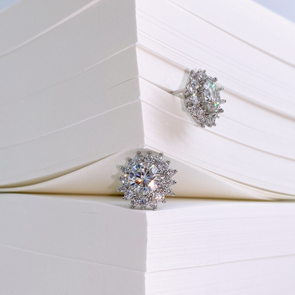 Silver925 Moissanite 1ct Halo Setting Earrings PS150E Detail Cut