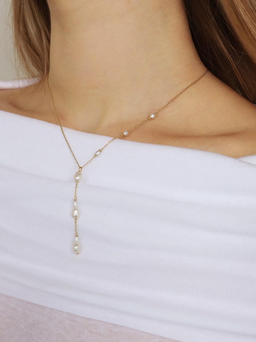 [Celeb Pick] Silver925 Dew Drop Fresh Water Pearl Station Y Drop Necklace PS155N Detail Cut