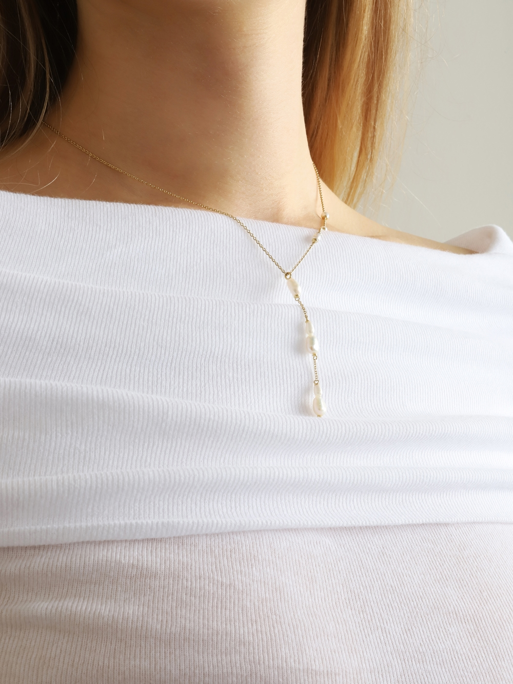 [Celeb Pick] Silver925 Dew Drop Fresh Water Pearl Station Y Drop Necklace PS155N Detail Cut