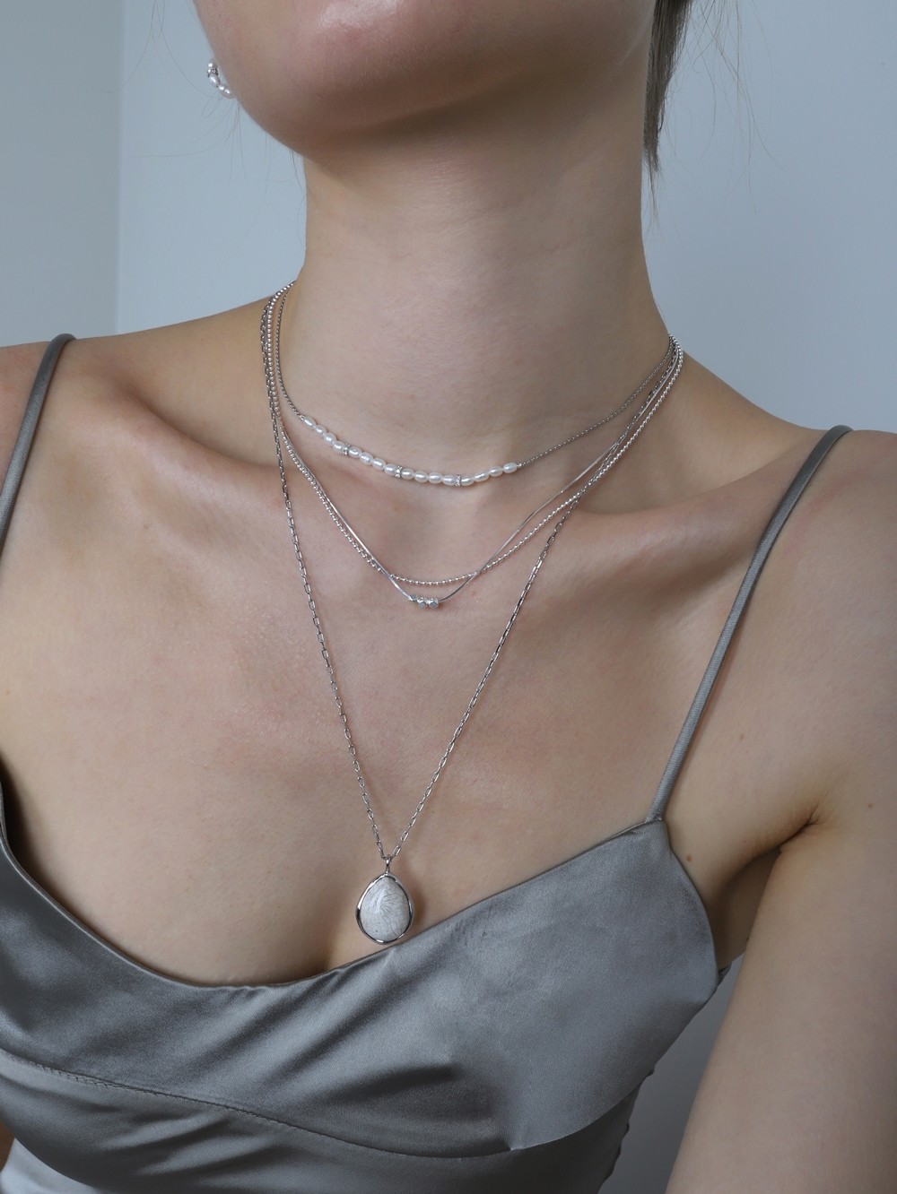Silver925 CZ rings with Fresh Water Pearl Line Necklace PS157N Detail Cut