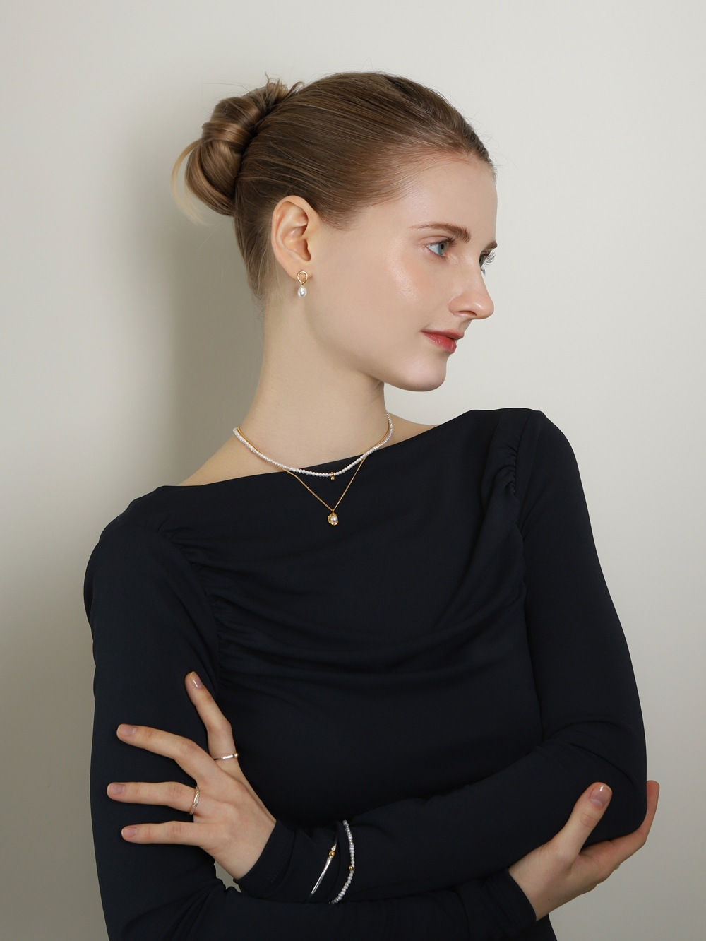 OZEL Silver925 Fresh Water Pearl Gold Point Necklace PS164N Main Photography