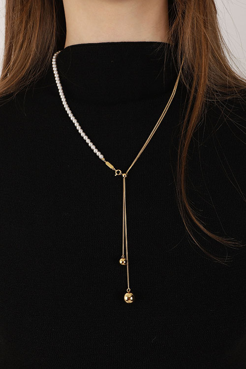 Silver925 Pearl & Chain Long Ball Necklace PS075N