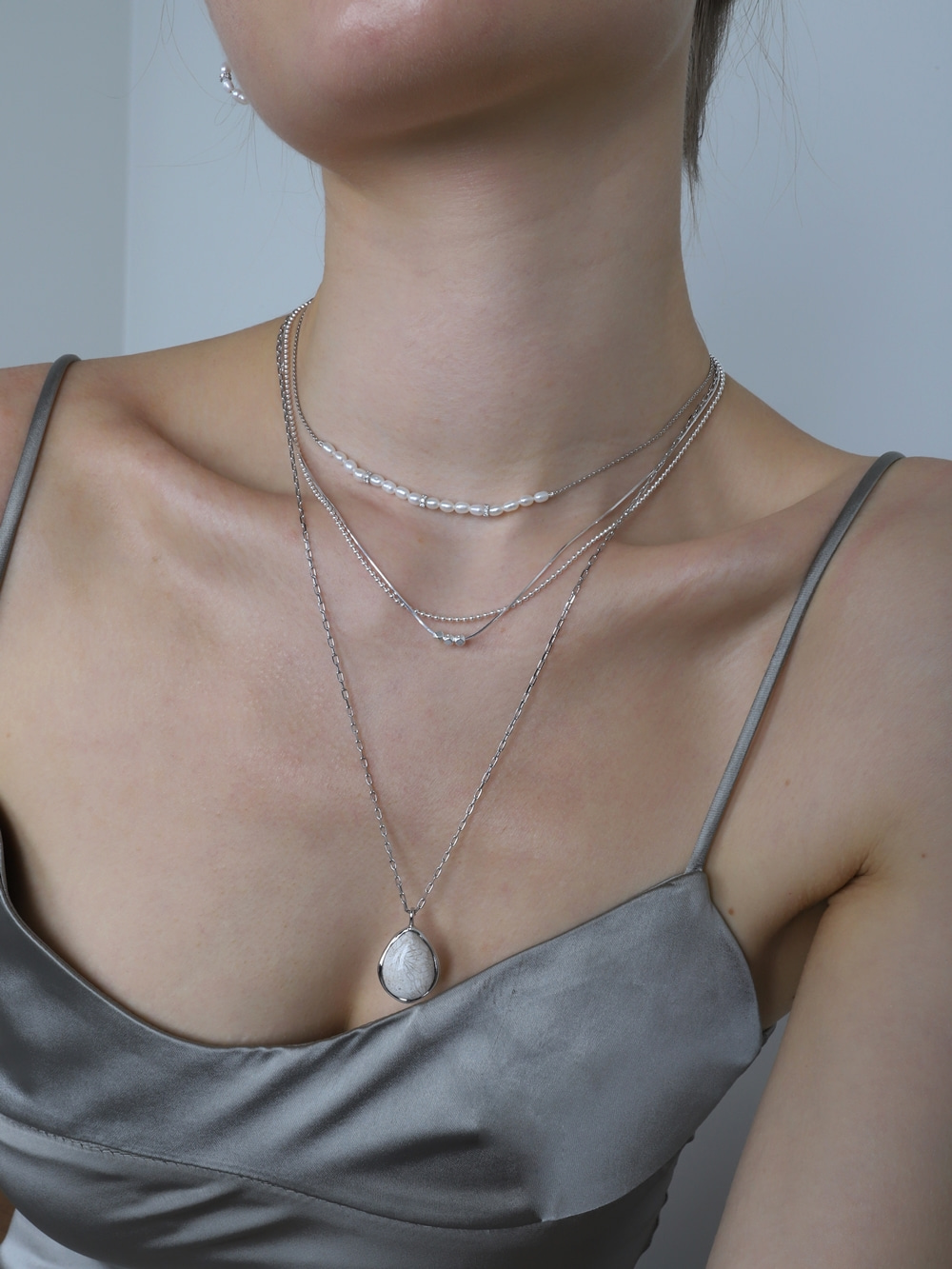 Silver925 CZ rings with Fresh Water Pearl Line Necklace PS157N