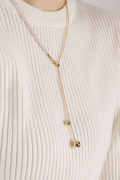 Silver925 Pearl & Chain Long Ball Necklace PS075N