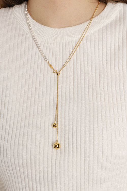 Silver925 Pearl & Chain Long Ball Necklace PS075N