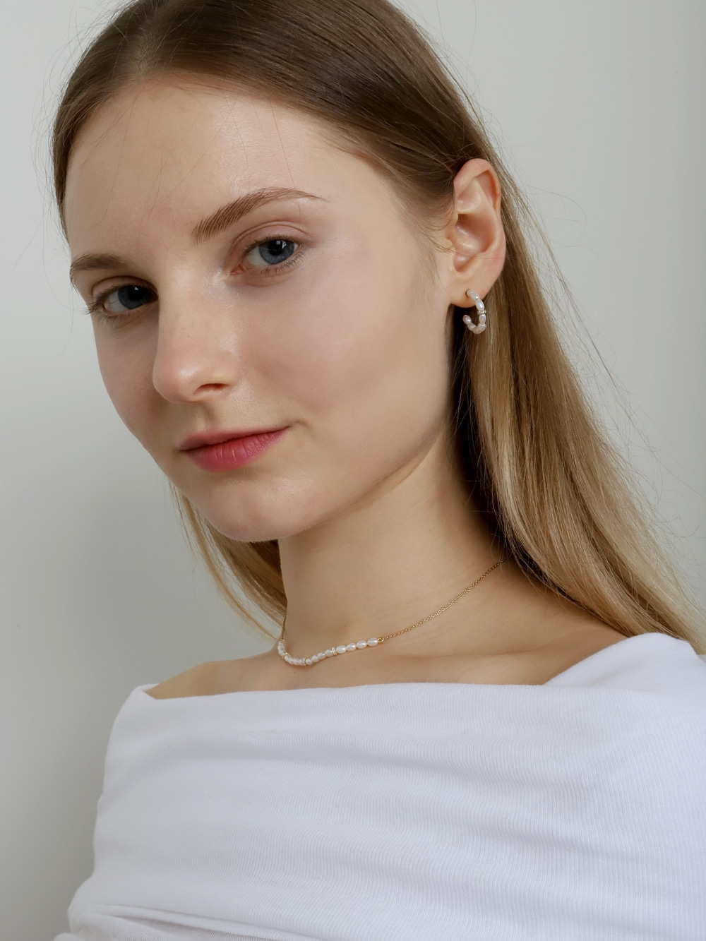 Silver925 CZ rings with Fresh Water Pearl Line Necklace PS157N