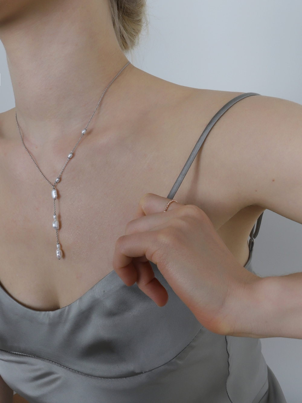 Silver925 Dew Drop Fresh Water Pearl Station Y Drop Necklace PS155N