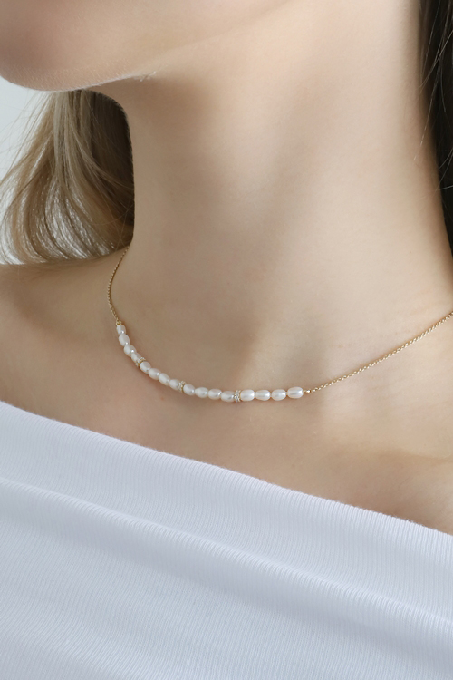 Silver925 CZ rings with Fresh Water Pearl Line Necklace PS157N